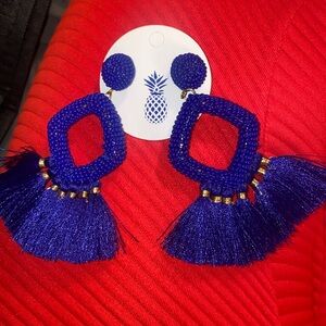 New! Earrings with fringe and beads! (royal blue)